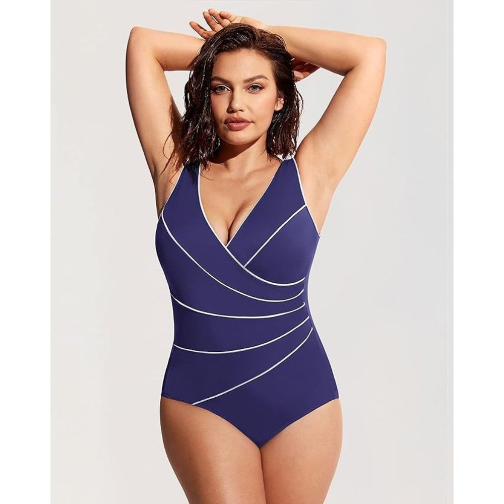 Miraclesuit navy blue cross v neck one piece swim suit flattering plus size 12